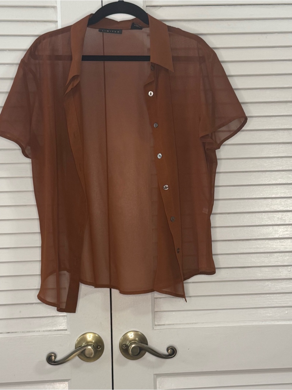 The Limited Sheer Button-Down Short Sleeve Top in Brown